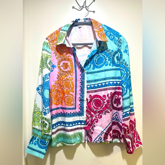 Silky Satin Multi-colored button down size medium - Picture 1 of 11